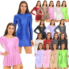 Women's Long Sleeve Oil Glossy Bodycon Mini Dress Silky Micro Tight Pencil Dress