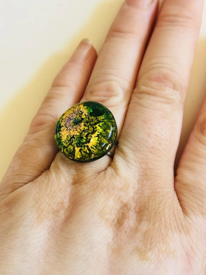 Anillo de cóctel de colección arte de cristal de Murano lámina dorada declaración grueso ajustable raro Foto 3 de 4