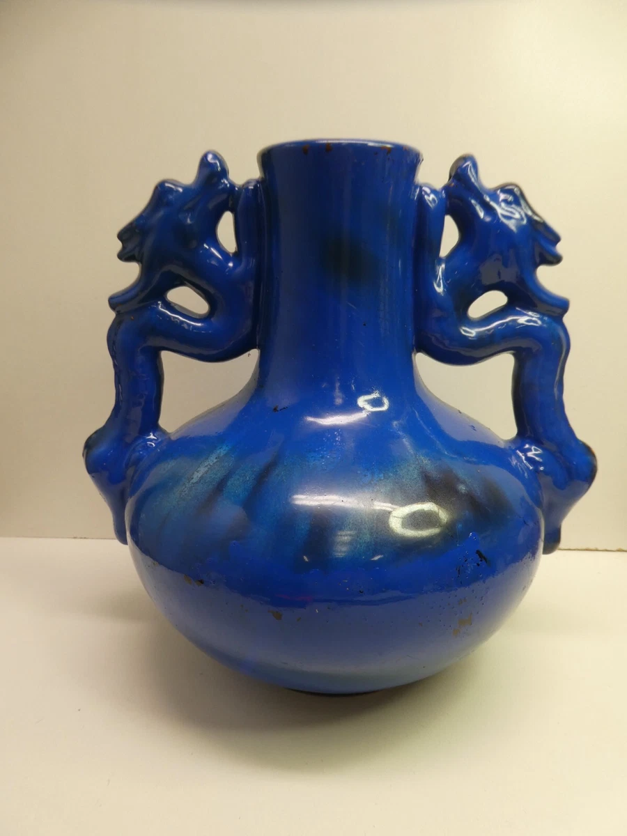 VINTAGE CHINESE BLUE ENAMEL PAINTED DRAGON HANDLE POTTERY VASE