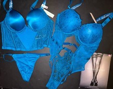 Victoria's Secret 34B CORSET TOP BRA SET M TEDDY TURQUOISE AQUA BLUE SHINE STRAP
