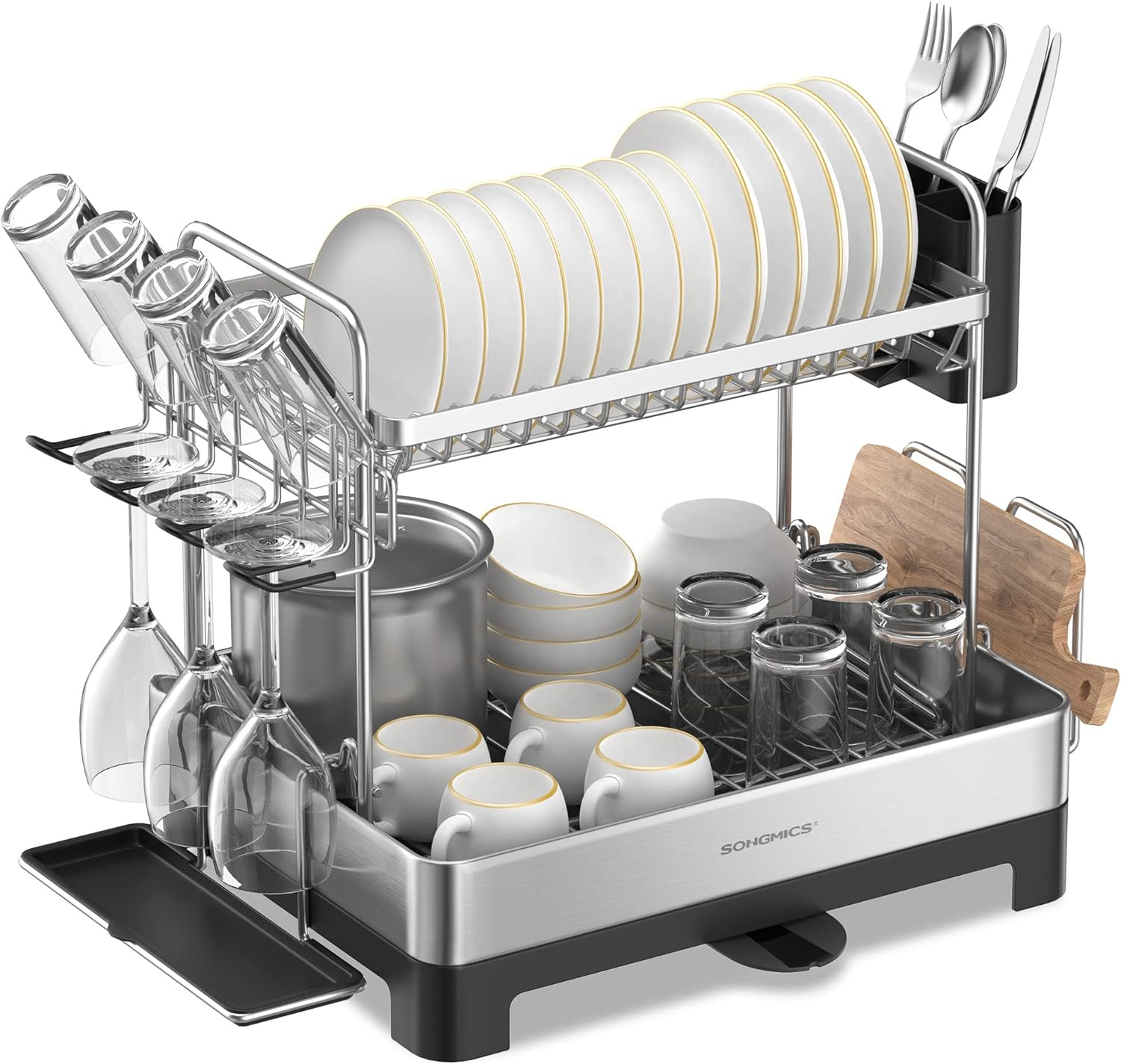 Dish Drying Rack - 2 Tier for Kitchen Counter with Rotatable and Extendable Drai-image