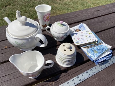 7+Pc Lenox Butterfly Meadow Tea Pot Tumbler Cream Sugar & Honey Coasters Set