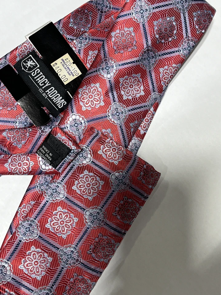 Gravata masculina Stacy Adams vermelha prata padrão floral com bolso quadrado correspondente NOVA - Imagem 2 de 3