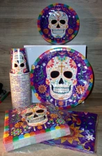 101 Pcs Set Halloween Sugar Skull Day of the Dead Tablewear Plates Napkins Cups