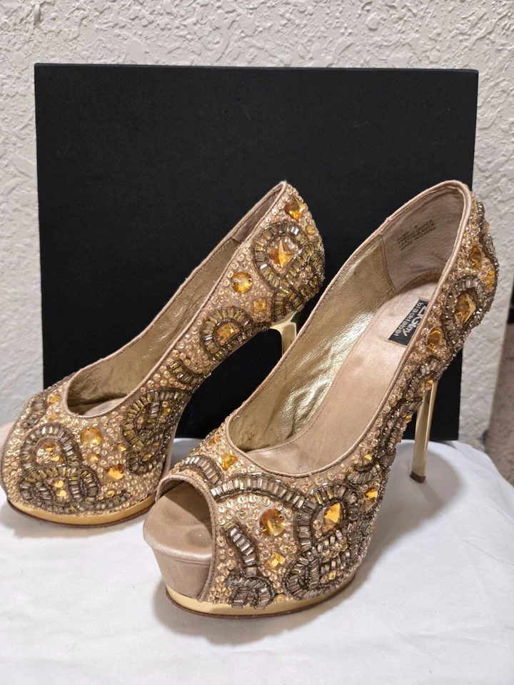 RARE ZiGiNY Black Label Romi Gold Jewel Gem Rhinestone Platform Stilettos - Изображение 3 из 4