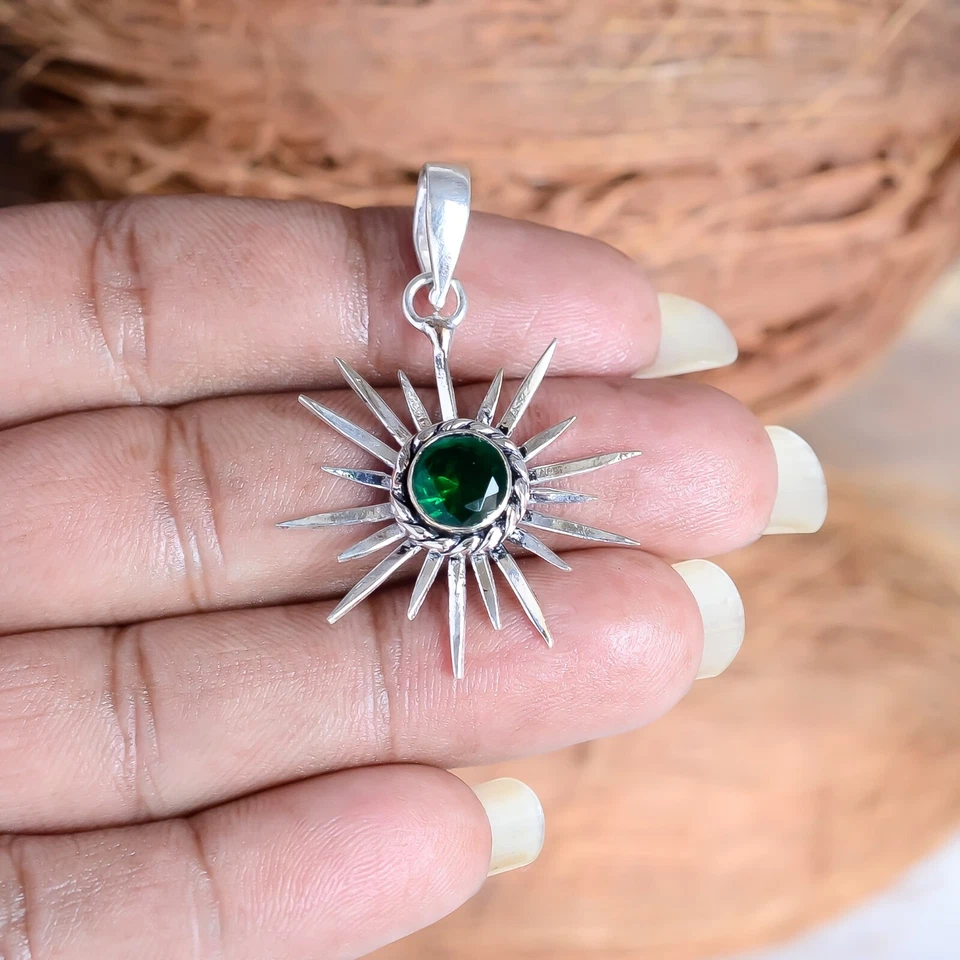 俄罗斯透视宝石 925 纯银手工太阳吊坠项链 — 第 3/4 张图片