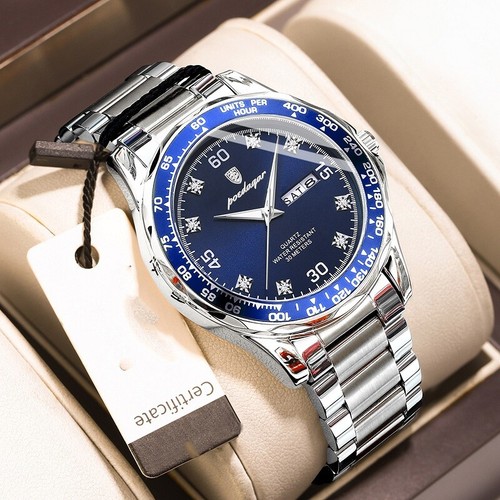 POEDAGAR Men Date Watch Quartz Wristwatch Waterproof Luminous Stainless Watches - Picture 11 of 31