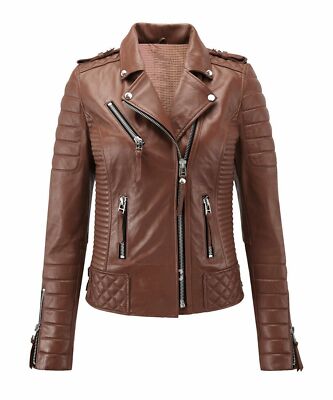 Women's Genuine Lambskin Leather Motorcycle Café Racer Biker Jacket Brown Coat