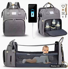 Gray Waterproof Diaper Bag Backpack USB Port, Insulated Pockets, Foldable Bed