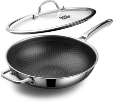 Wok Pan,Hybrid 13 Inch Wok with Lid, PFOA Free Cookware,Non Stick Stainless Stee