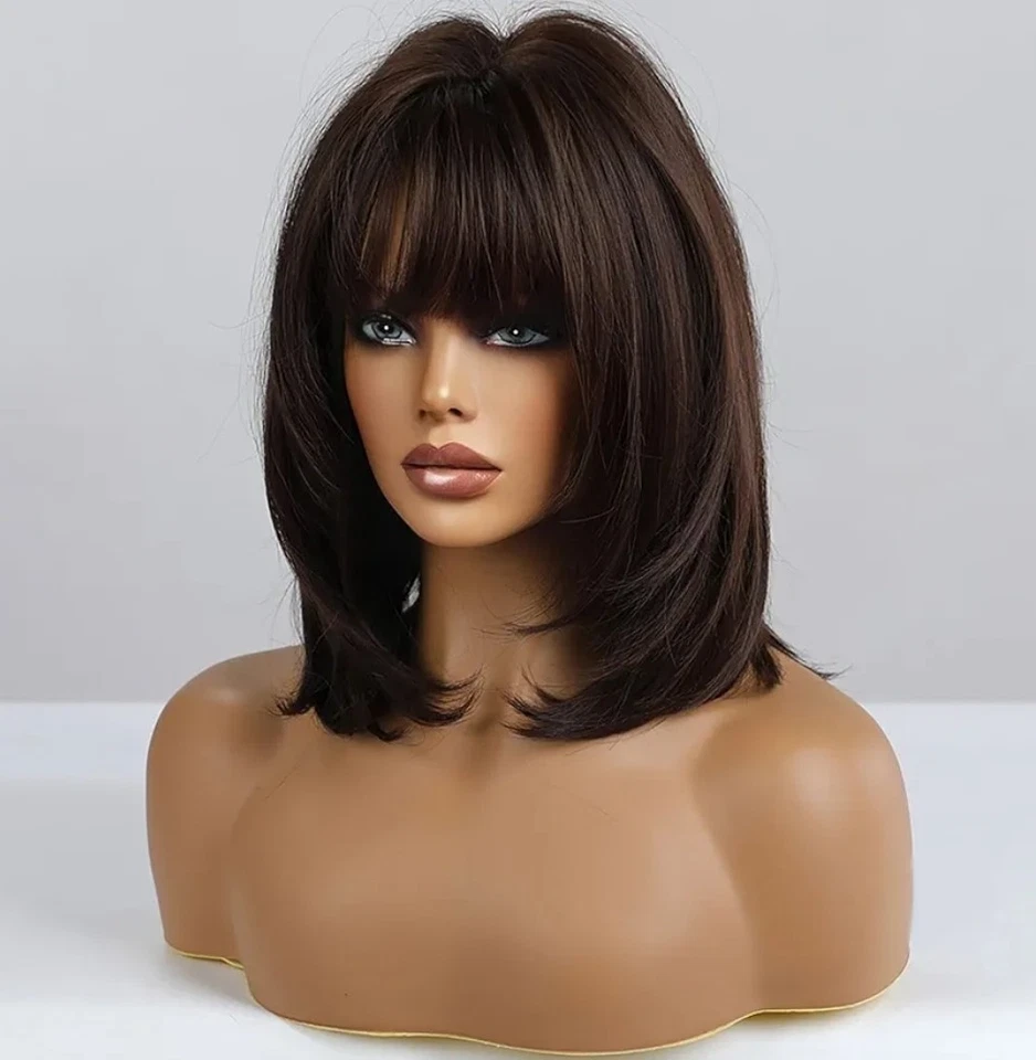 Peluca - Mezcla de Cabello Humano - Largo Recto Capas Marrón Oscuro Brazalete Resistente al Calor Foto 2 de 4