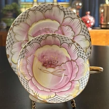 Royal Sealy Japan Pink Lily Teacup & Saucer Set Handpainted Gold Trim Vtg 4.25”