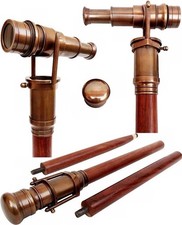 Vintage Antique Brass Handle Victorian Telescope Head Wooden Walking Stick Cane