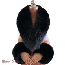 Women's Real Fox Fur Collar Scarf Warm Winter Scarves Shawl Wrist Cuffs One Set