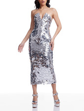 NWT 328 Dress the Population Perla Sequin Strapless Midi Dress Silver M