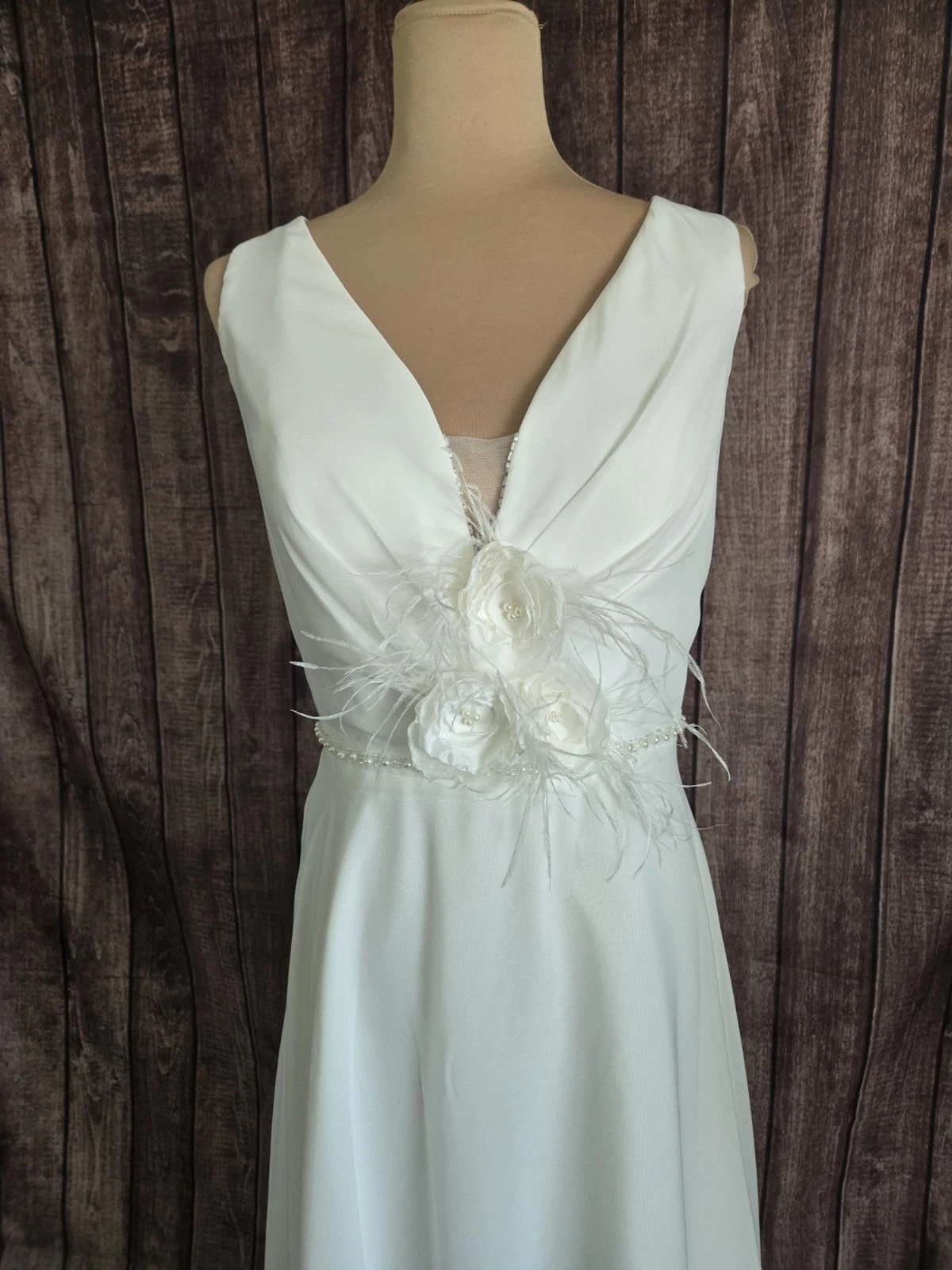 OFF WHITE Abito da sposa made in USA bianco sporco chiffon linea A treno taglia M L