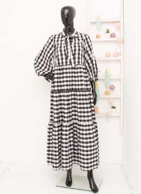 Otto D'Ame Maxi Dress Black White Checked Pleated Tie Neck Prairie Dress 38 UK12