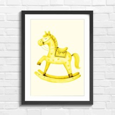 Whimsical Wooden Rocking Horse Yellow Framed Wall Art Print Large Picture Home