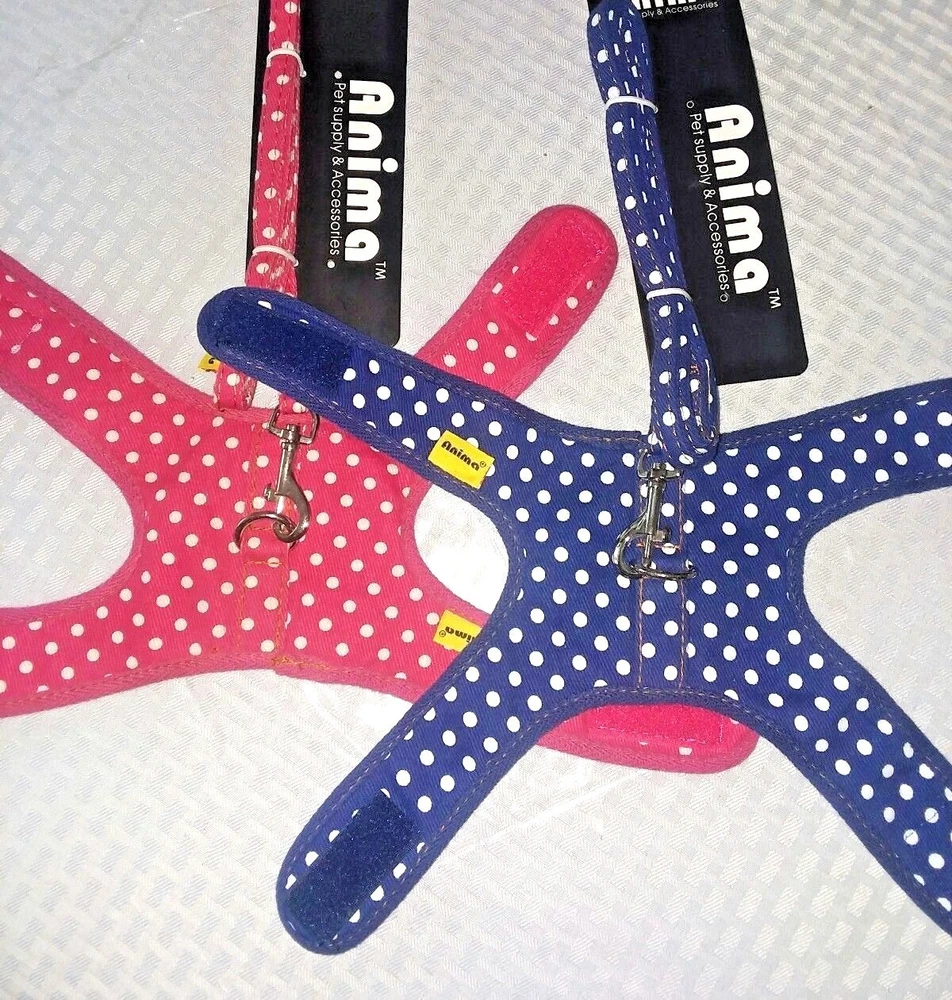 DOG HARNESS & LEASH SET, BLUE or PINK POLK A DOT