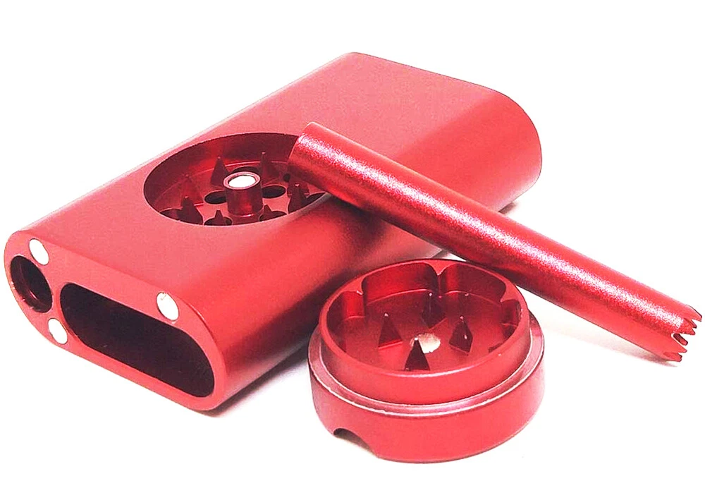 Herb Tobacco Grinder Manual Spice Crusher with Tobacco Pipe and Container, Red