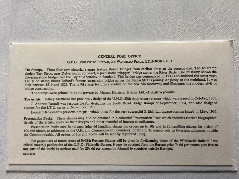 GB QEII 1968 Bridges GPO FDC GPO Philatelic Bureau SHS Typed Address With Insert - Image 4 of 4