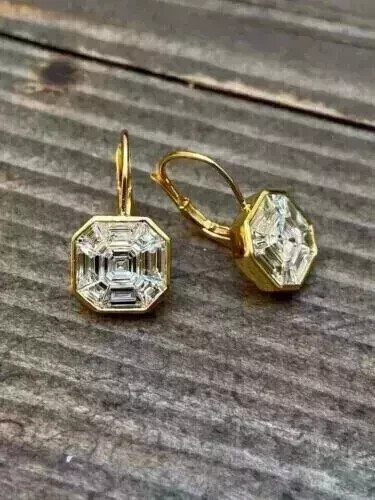 3 Ct Asscher Cut Simulated Diamond Drop/Dangle Earrings 14K Yellow Gold Plated