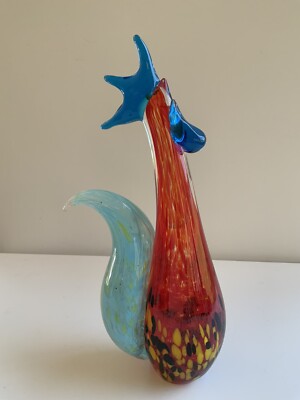 Blown Glass Red Rooster Figurine Red Multi-Colored Murano Style 10 Inches Tall