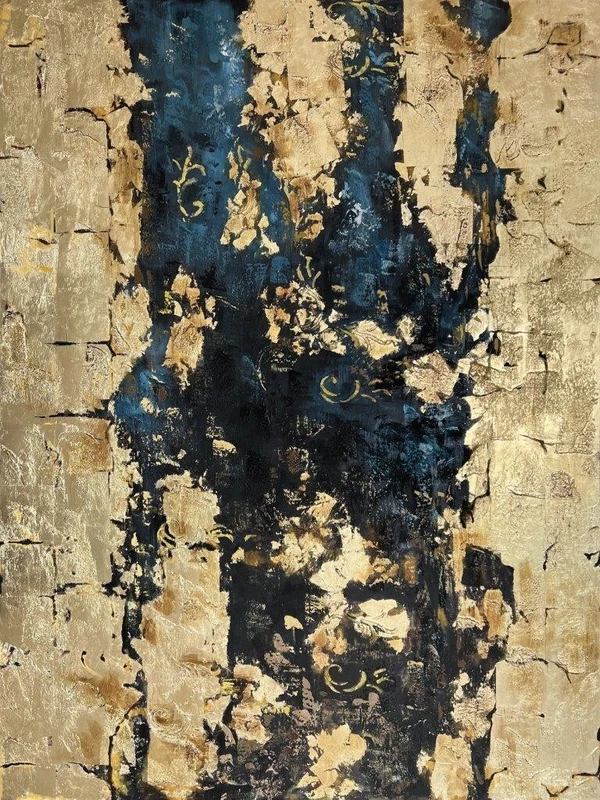 Quadro Astratto Stampa Arredo Tela Blu con Foglia Oro in Rilievo 150 x 200 cm