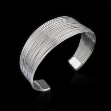 925 Sterling Solid Silver Bangle Multiple Line Cuff Womens Fashion Bracelet 