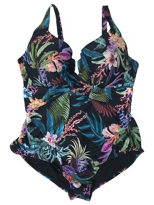 Womens Plus Size Colorful Black Floral Print 1 Piece Tummy Control Swim Suit