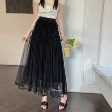Elegant Lady 3D Flower Mesh Pleated Skirt Fairy Half Dress Tulle Frill Prom Thin