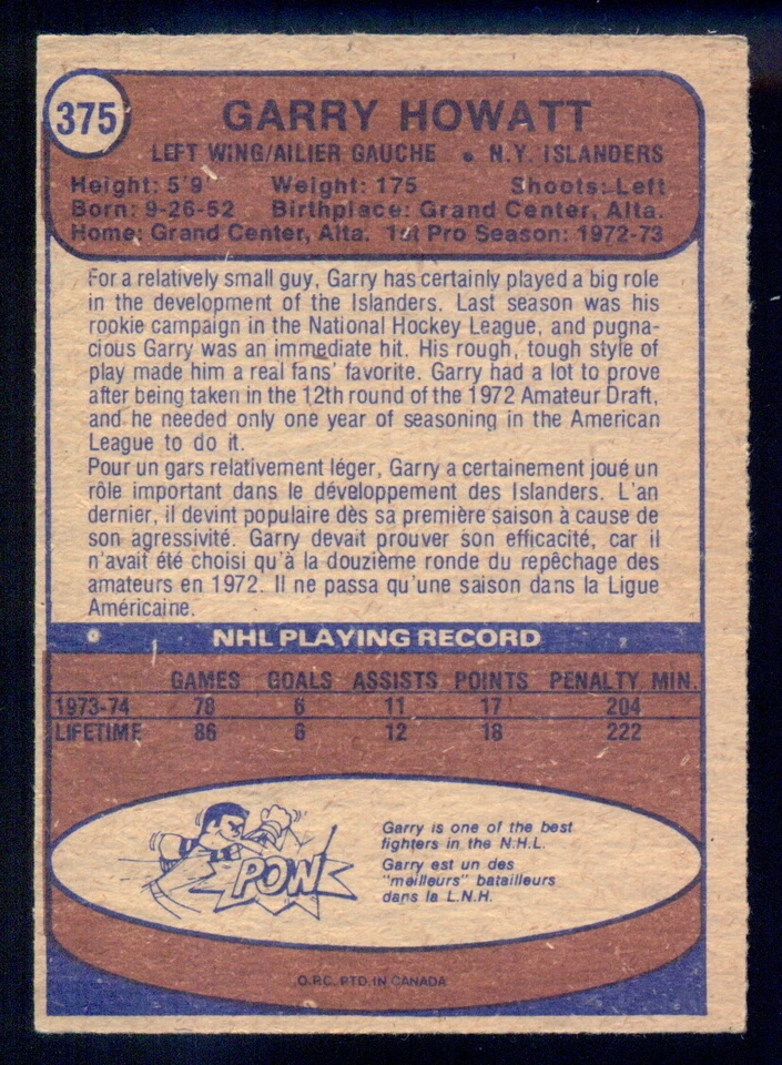 1974-75 OPC O PEE CHEE Hockey #375 Garry Howatt Rookie NM New York Islanders RC - Image 2 of 2