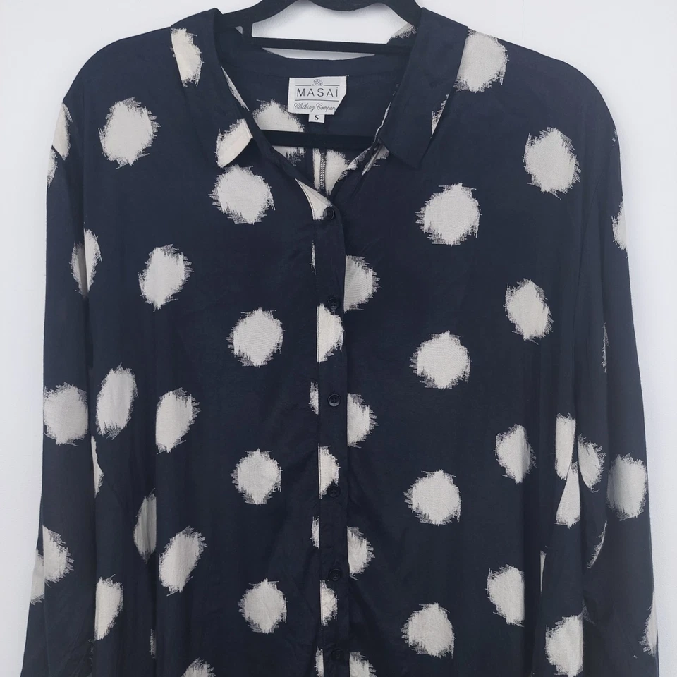 Camicia Masai nera bianca maculata oversize blusa taglia S 8 10 12 Lagenlook - Immagine 3 di 4