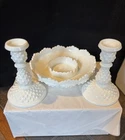 Set Of Fenton White Milk Glass Hobnail   2 Candle Sticks   1 Candle/Candy Dish