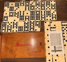 Vintage Dominoes Set of 55 Double Nine Wooden Slide Top Box Bakelite 50 s Game