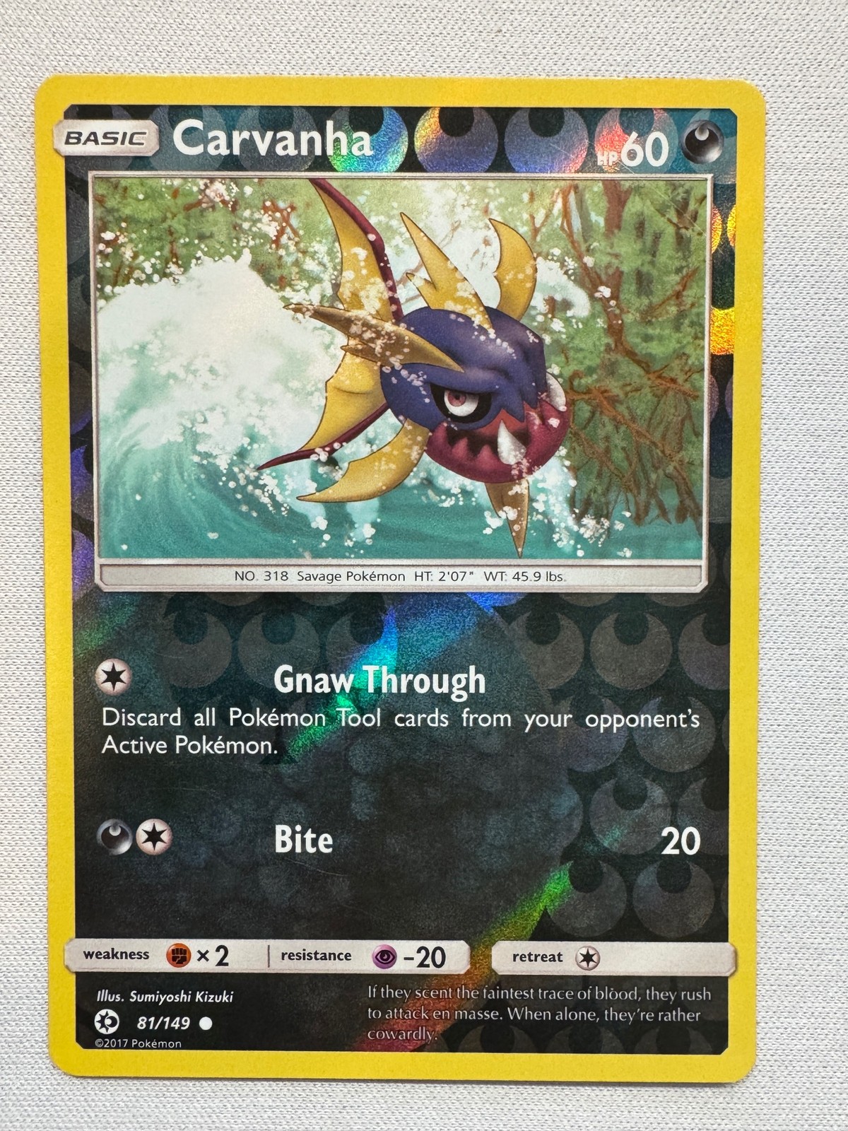 Carvanha 81/149 Common Sun & Moon Pokemon Reverse Holo Near Mint