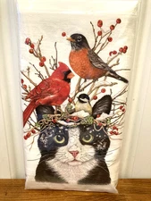 Mary Lake Thompson "Winter Cat & Birds" Flour Sack Towel