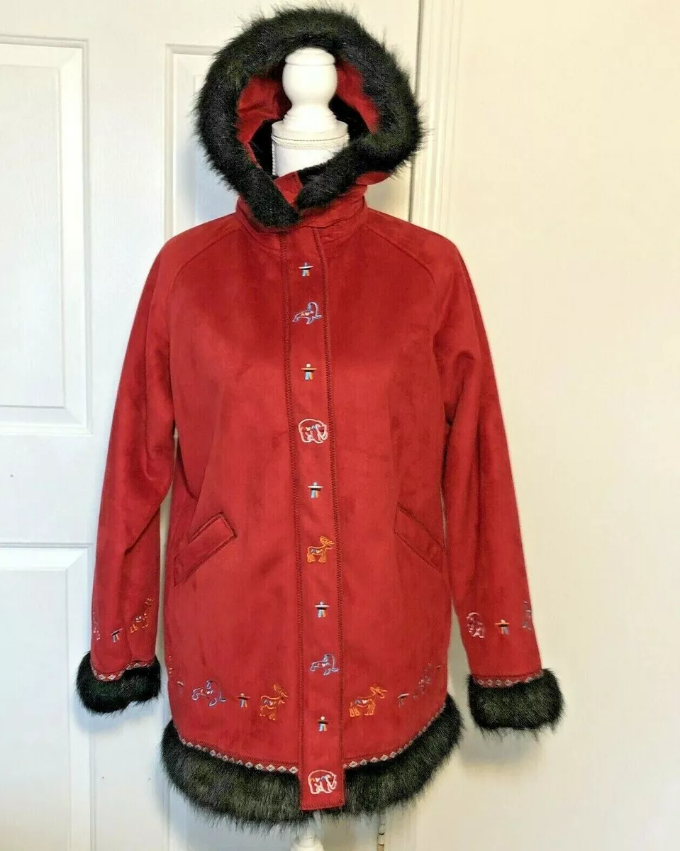 Ameri Mode Red Parka Coat Size S Alaskan Animal Design Faux Fur Trim Hood