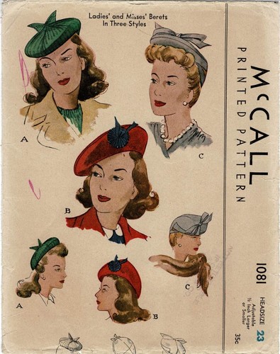 BERET Pattern Hat TAM Fascinator Adjustable 3 Styles McCall 1081 VTG 1943 - Picture 4 of 5