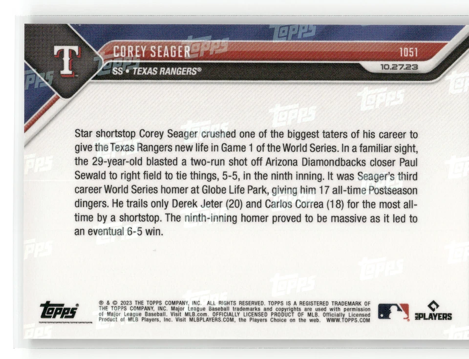 COREY SEAGER World Series HR em 9º 2023 Topps Now #1051 Texas Rangers, PR: 1374 - Imagem 2 de 4