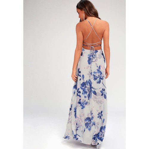 Lulus All I Need Grey Floral Print Lace-Up Maxi Dress Blue Size XL NEW - Picture 15 of 15