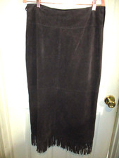 VTG Country Shop Brown Leather Suede Long Western Skirt Fringe Pencil Lined 12