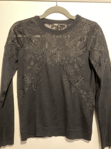 Maje Embroidered Lace Sweater Womens Small Crew Neck Pullover Long Sleeve Black