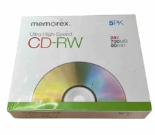 (5 Pack) MEMOREX Ultra Speed CD-RW 16x-24x 700Mb 80 Minute Rewritable