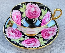 AYNSLEY BLACK CABBAGE ROSE TEACUP & SAUCER SET ANTIQUE VINTAGE
