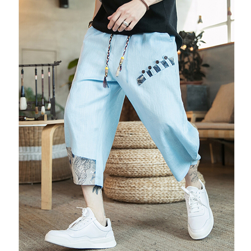 Mens Cotton Linen Capri Pants Summer Loose Ethnic Trousers