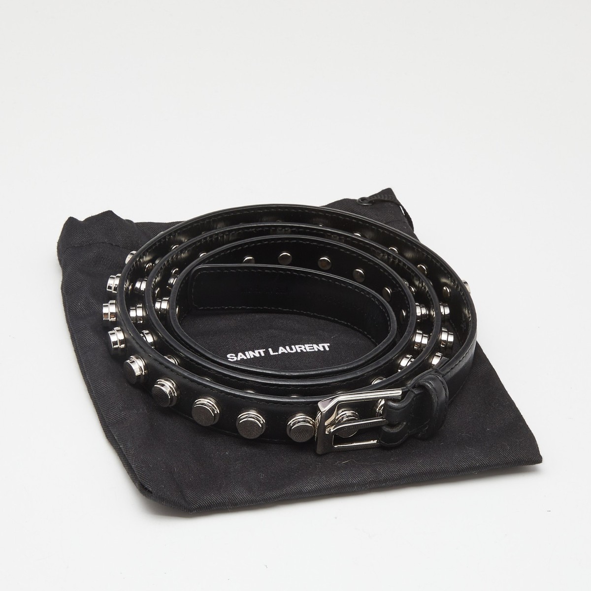 Saint Laurent Black Leather Studded Slim Buckle Belt 100CM