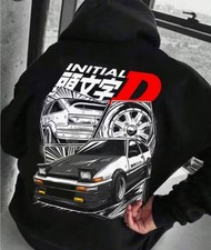 Initial D Black Fleece Pullover Hoodie Graphic Print Hooded Pockets Anime  M 