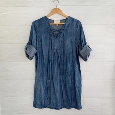 Skies are Blue - Blue chambray lace-up shift dress roll tab long sleeves, XS