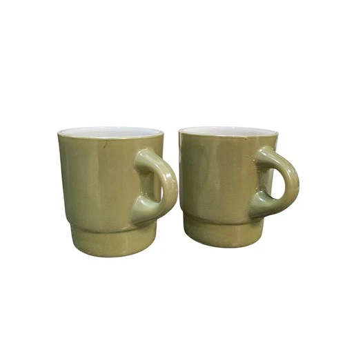 Anchor Hocking Fire-King Milk Glass Green Stackable Mugs Set of 2 Vintage USA